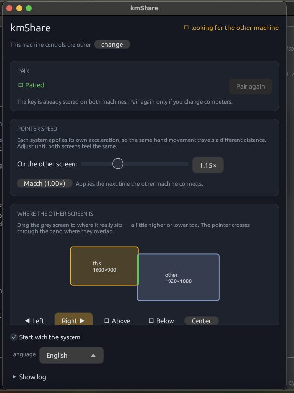 kmShare on the machine that has the keyboard: pairing status, pointer speed, and a draggable arrangement of both screens