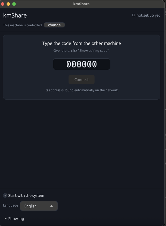kmShare on the controlled machine: one large field asking for the six digit pairing code